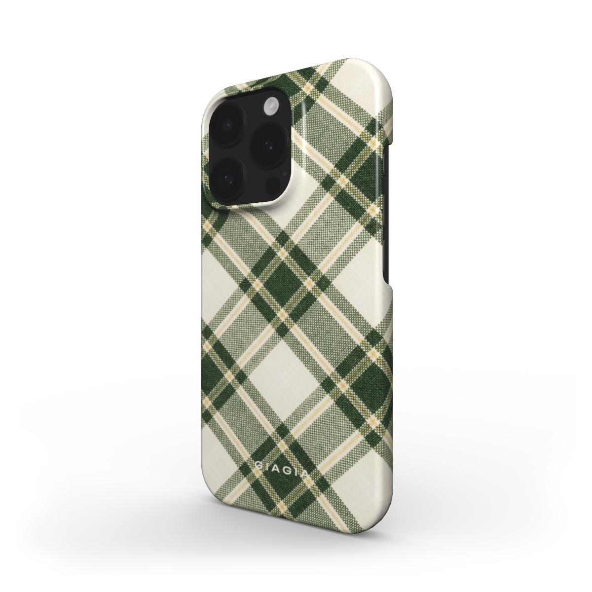 Green and beige plaid phone case on a white background