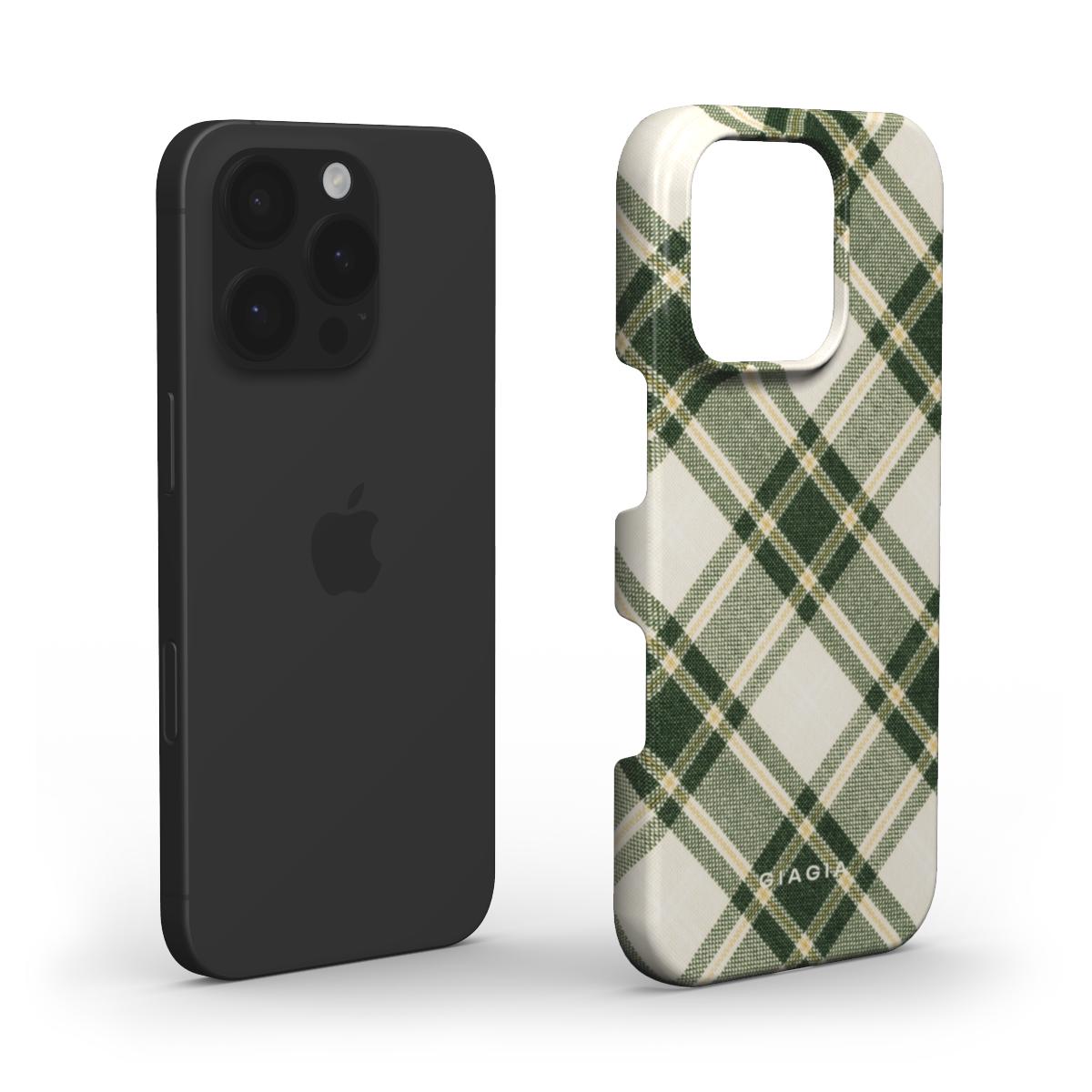 Black phone case and green plaid phone case on a white background