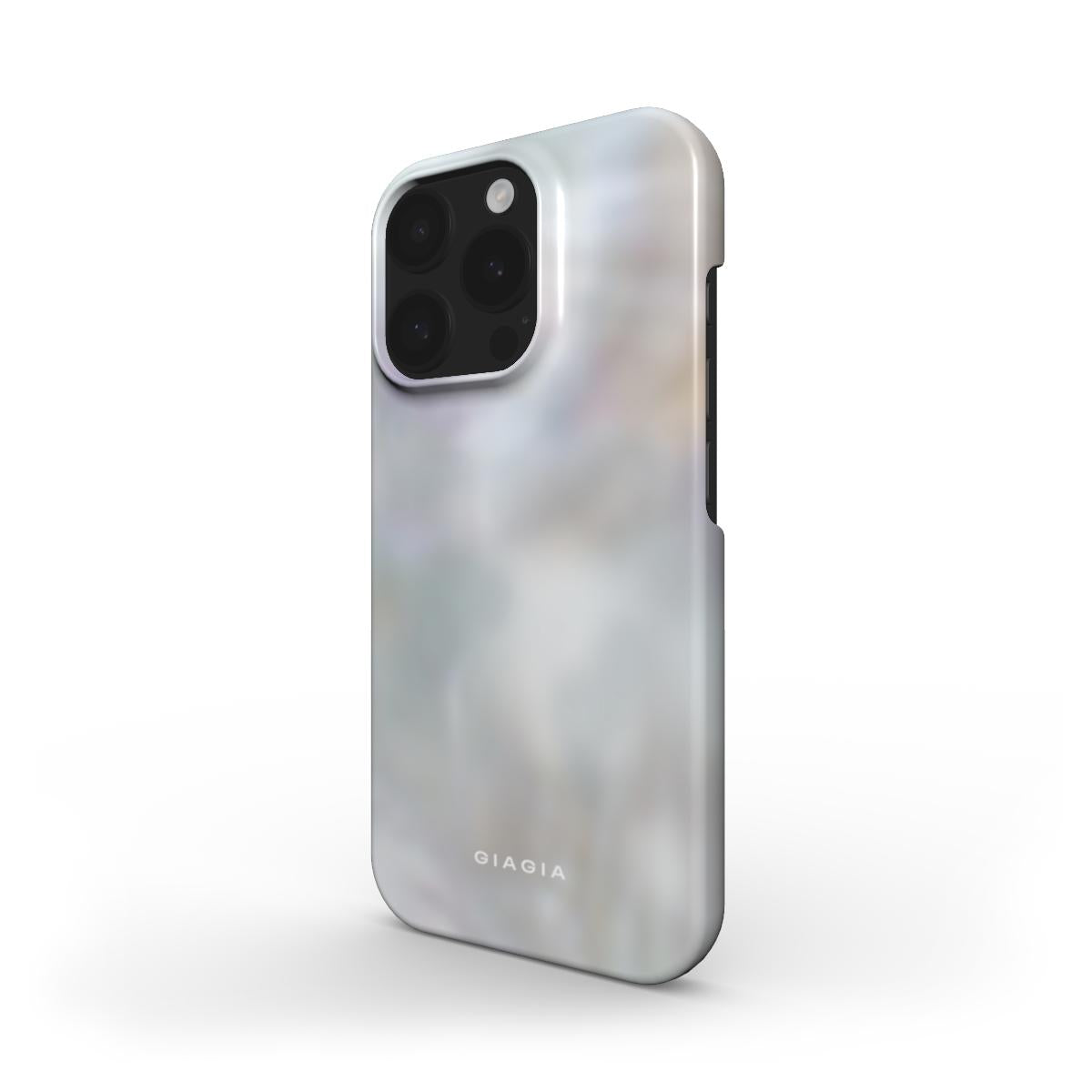 Silver phone case with 'GIAGIA' branding on a white background