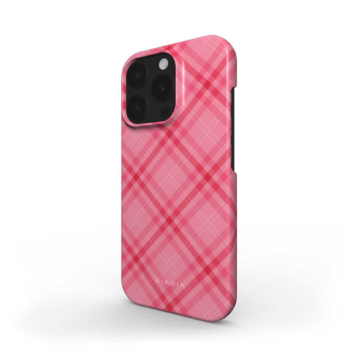 Pink plaid phone case on a white background