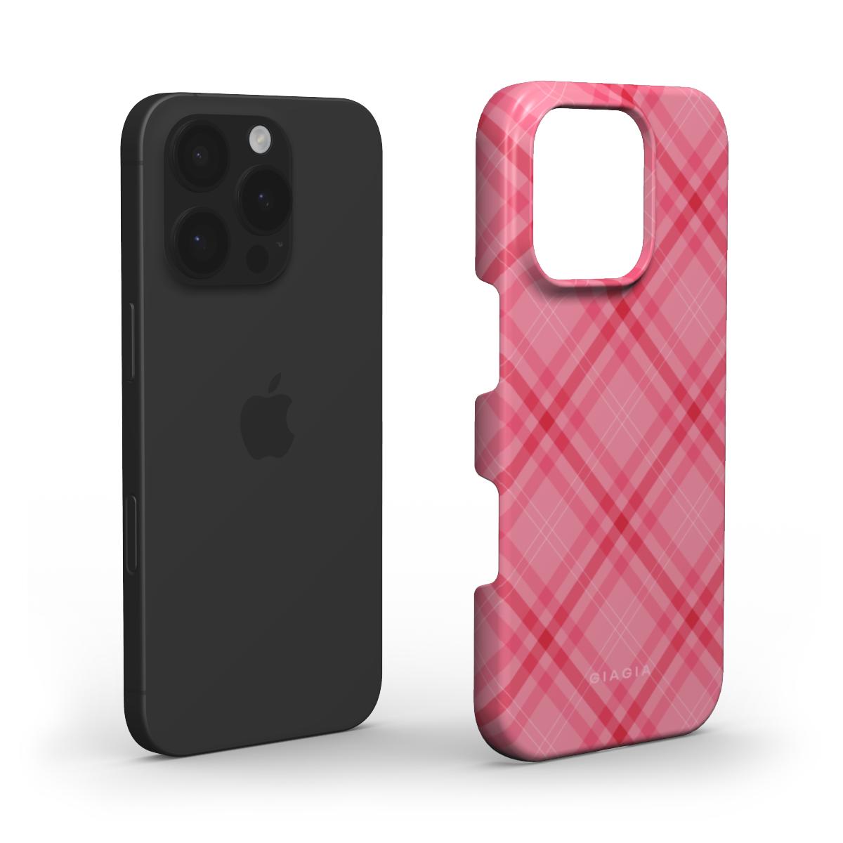 Black phone case and pink plaid phone case on a white background