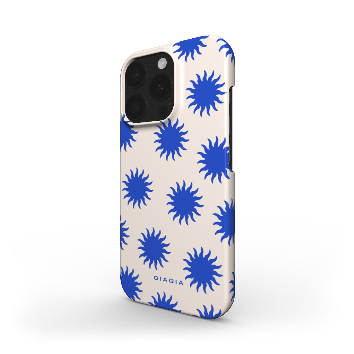 Phone case with blue sunburst pattern on a white background