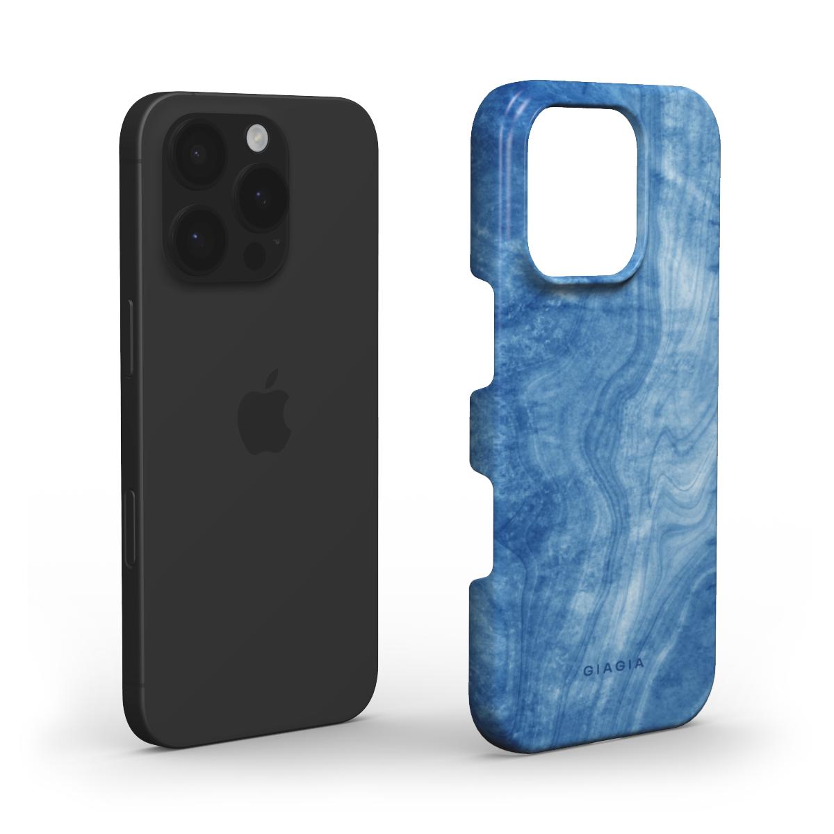 Black phone case and blue marble-patterned phone case on a white background