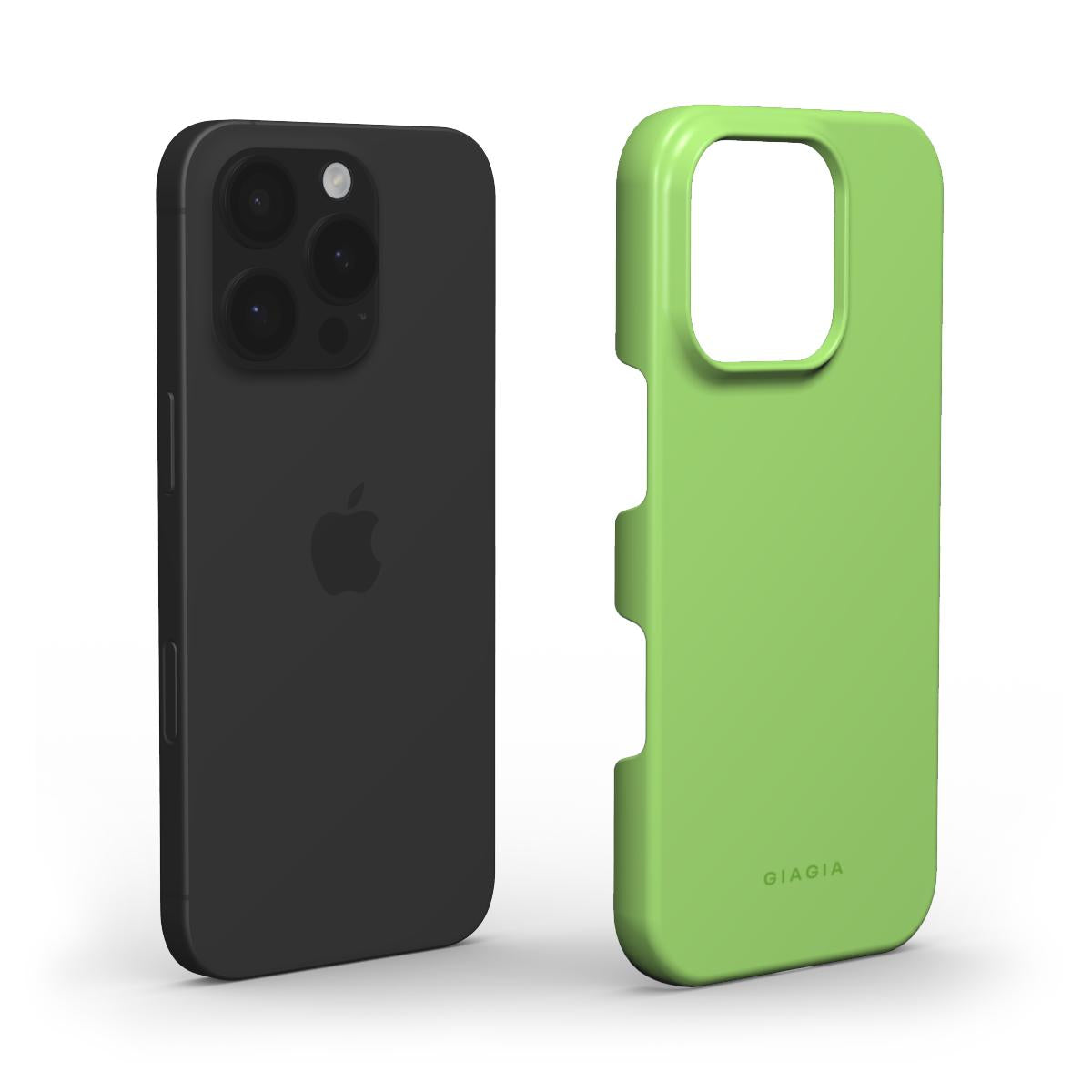 Black phone case and green phone case with 'GIAGIA' branding on a white background