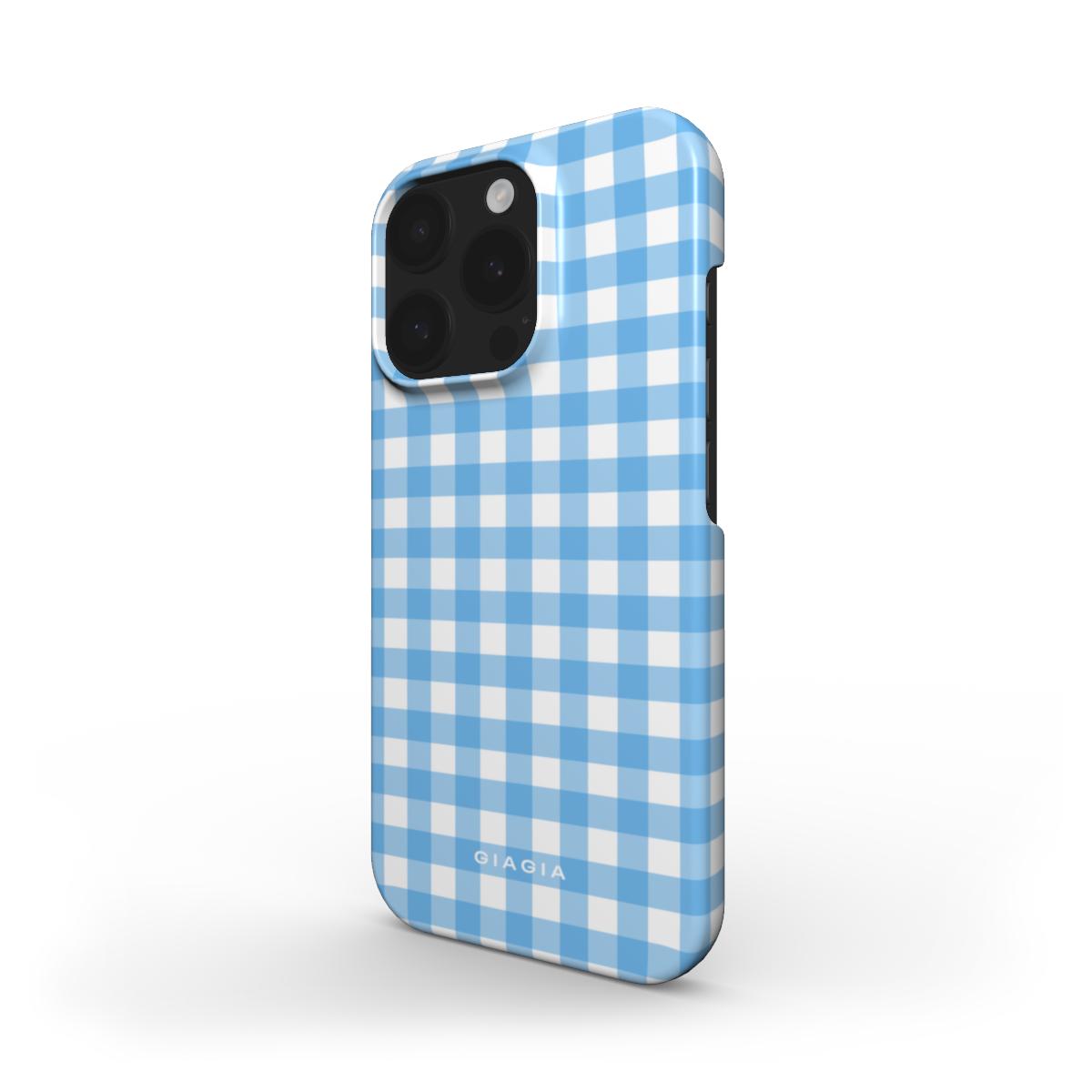 Blue and white checkered phone case on a white background