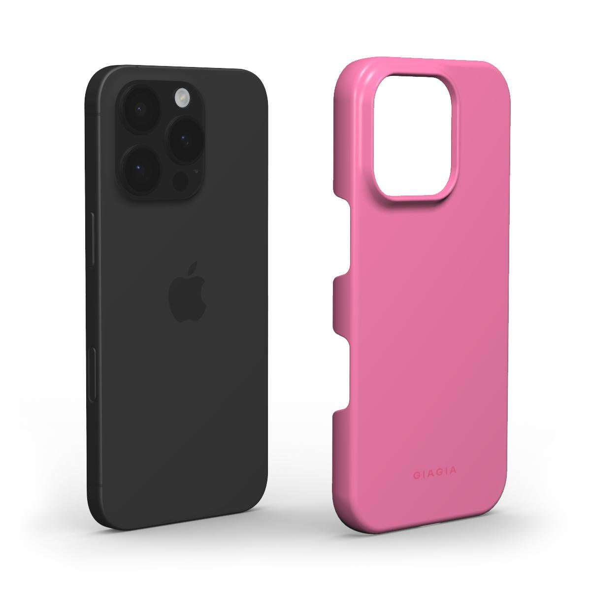 Black phone case and pink phone case with 'GIAGIA' branding on a white background