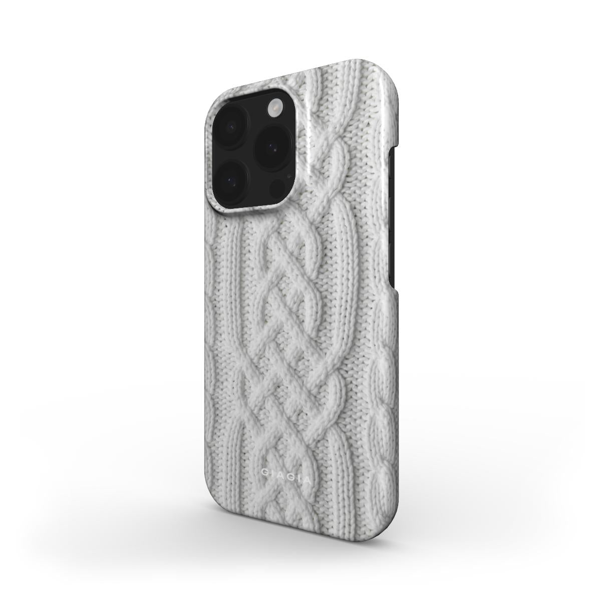 Phone case with cable knit pattern on a white background