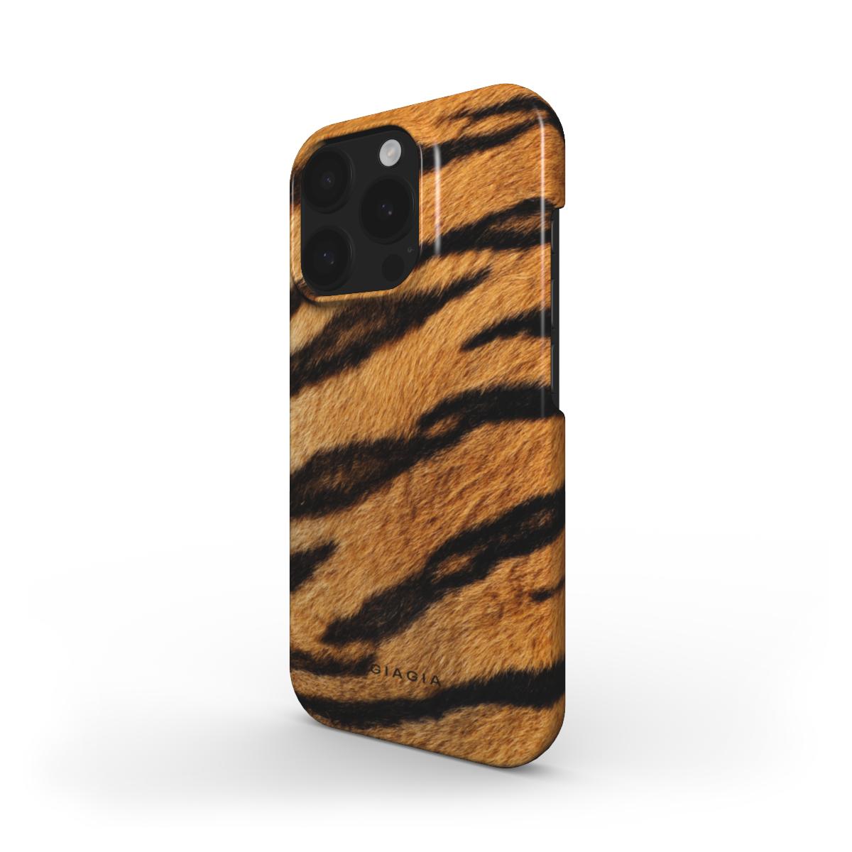 Phone case with tiger stripe pattern on a white background