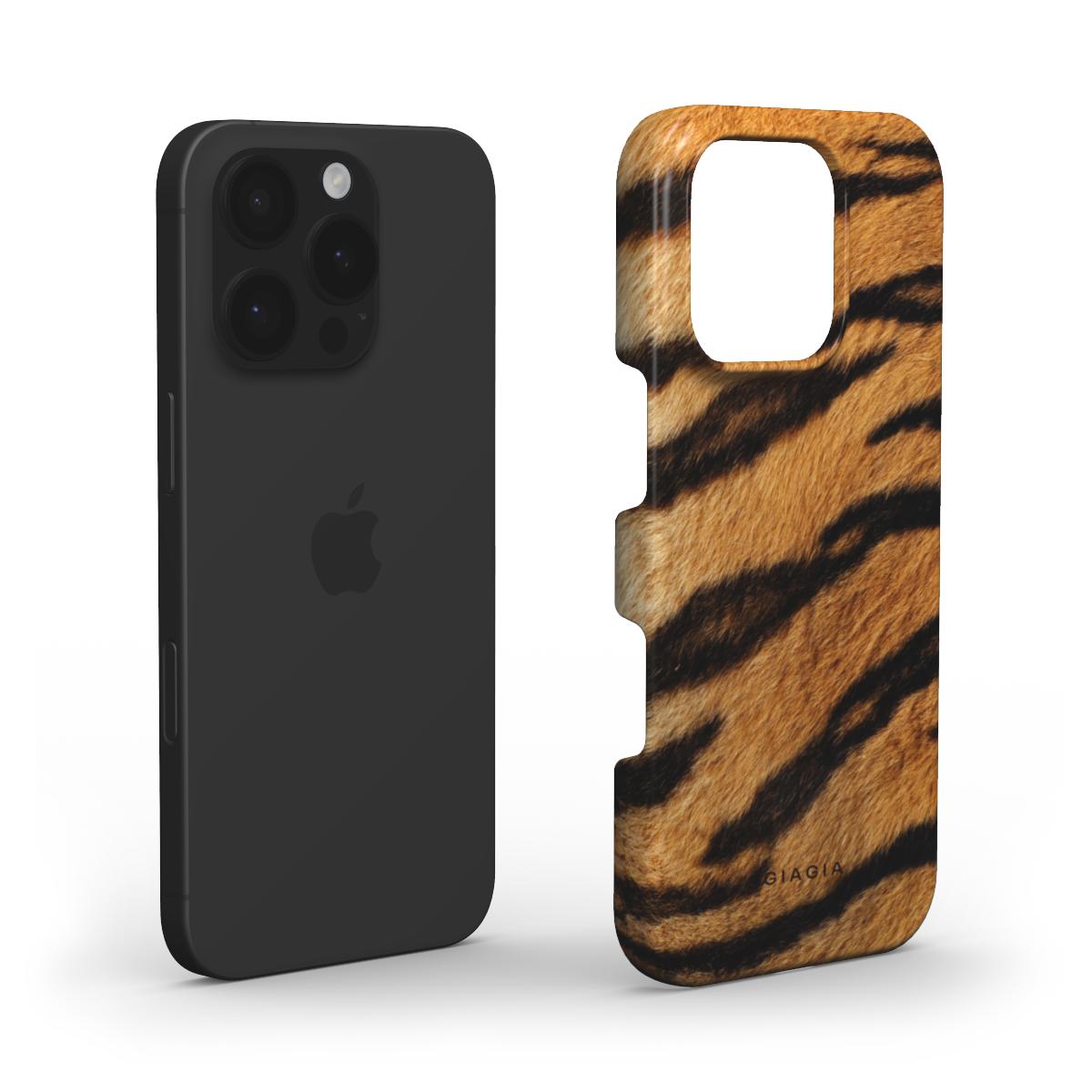 Black phone case next to a tiger stripe patterned phone case on a white background