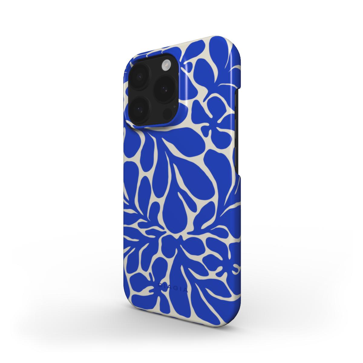 Blue floral patterned phone case on a white background