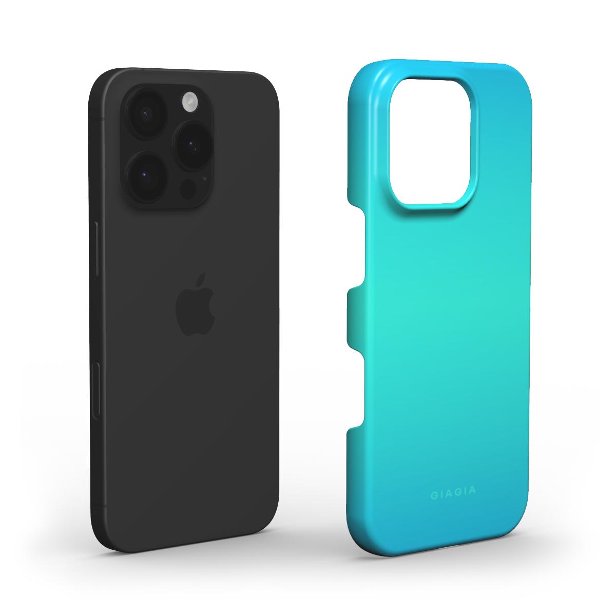 Black phone case and teal phone case on a white background