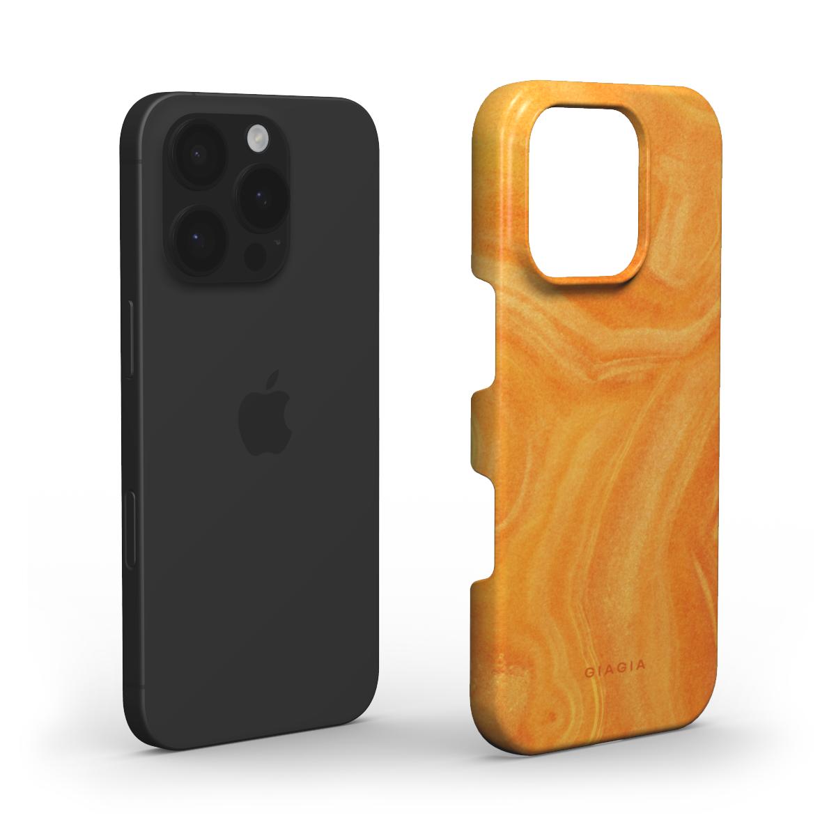 Black phone case and orange marble phone case on a white background