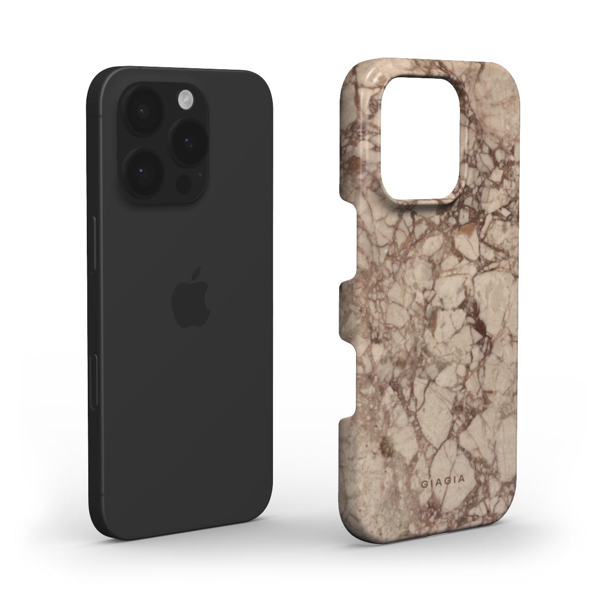 Black phone case next to a marble-patterned phone case on a white background