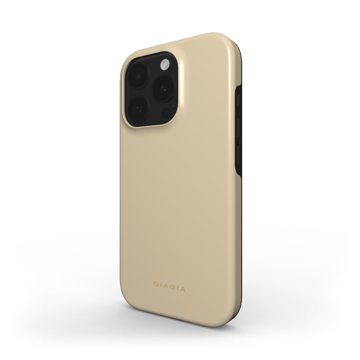 Gold phone case with 'giagia' branding on a white background
