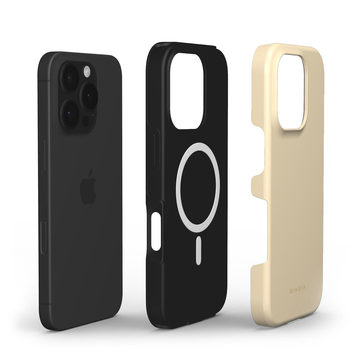 Three phone cases, two black and one beige, on a white background