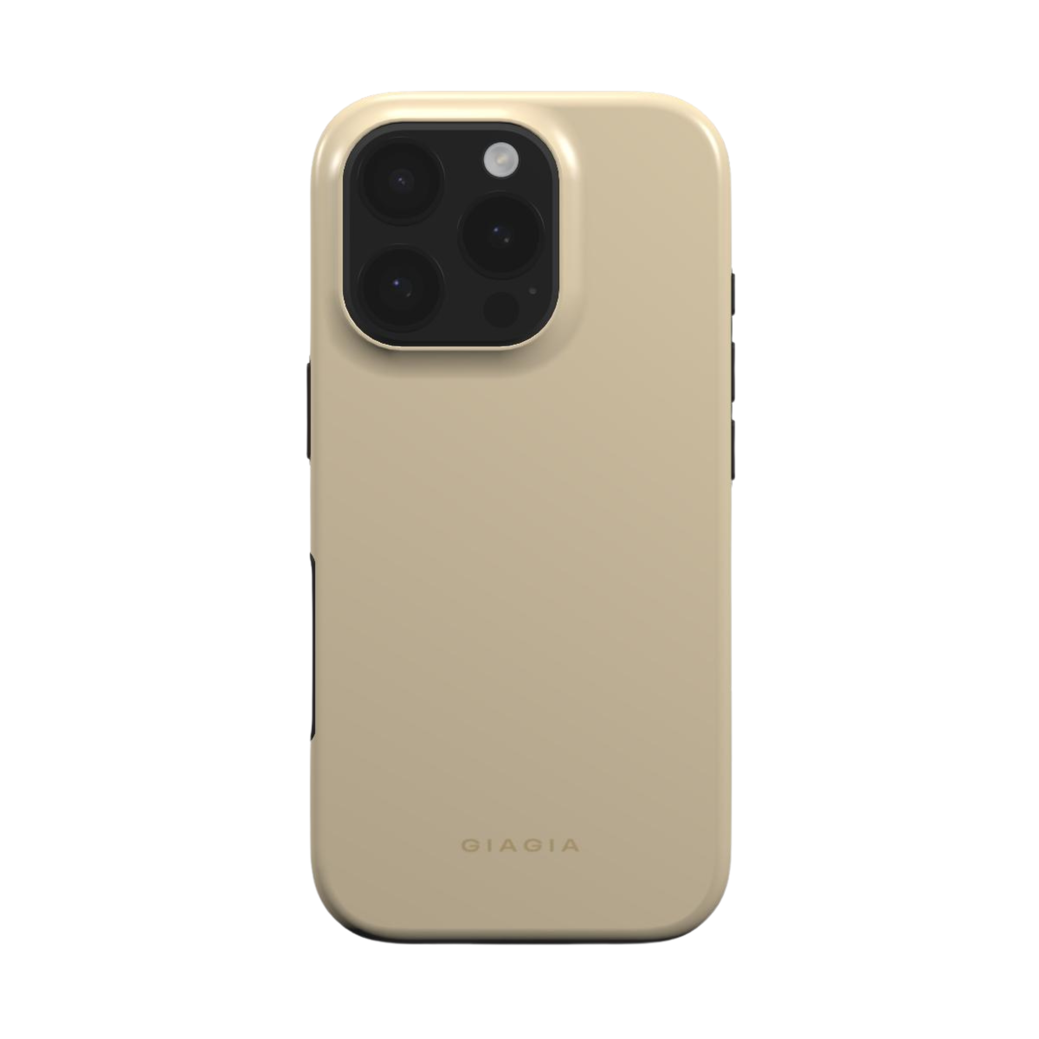 Beige phone case with 'giagia' branding on a white background