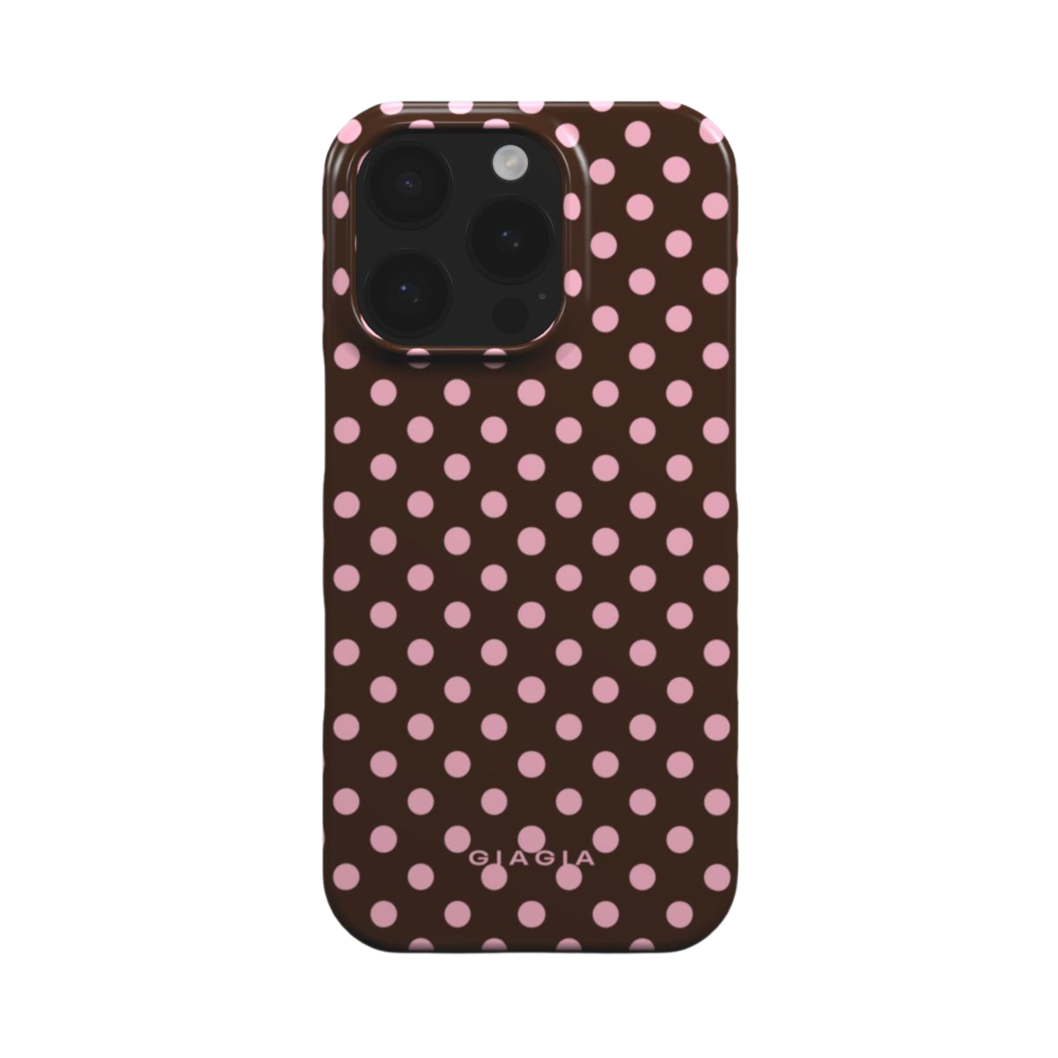 Phone case with pink polka dots on a brown background
