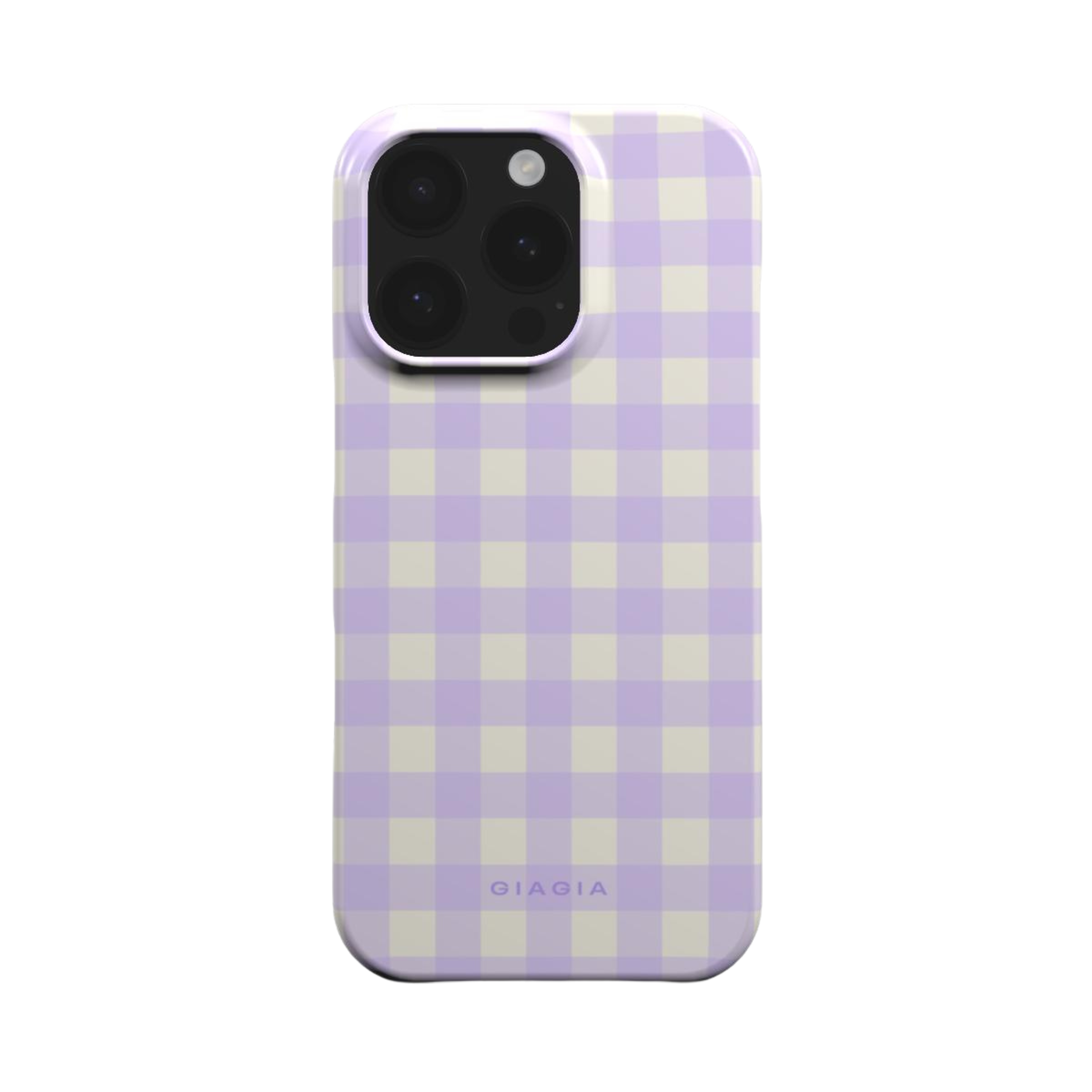 Phone case with purple and white checkered pattern on a white background