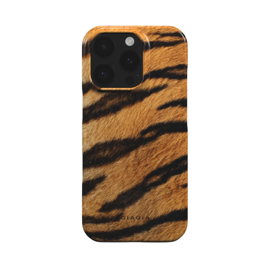Phone case with tiger stripe pattern on a white background