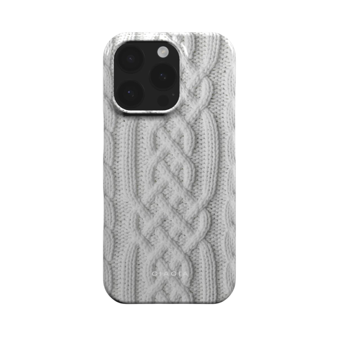 Phone case with cable knit design on a white background