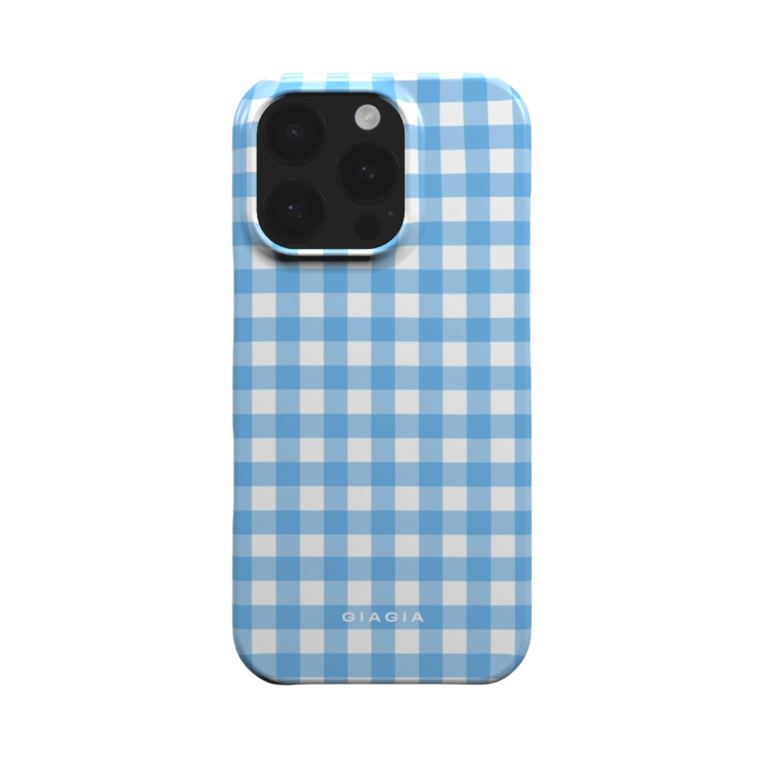Blue and white checkered phone case with 'GIAGIA' branding on a white background