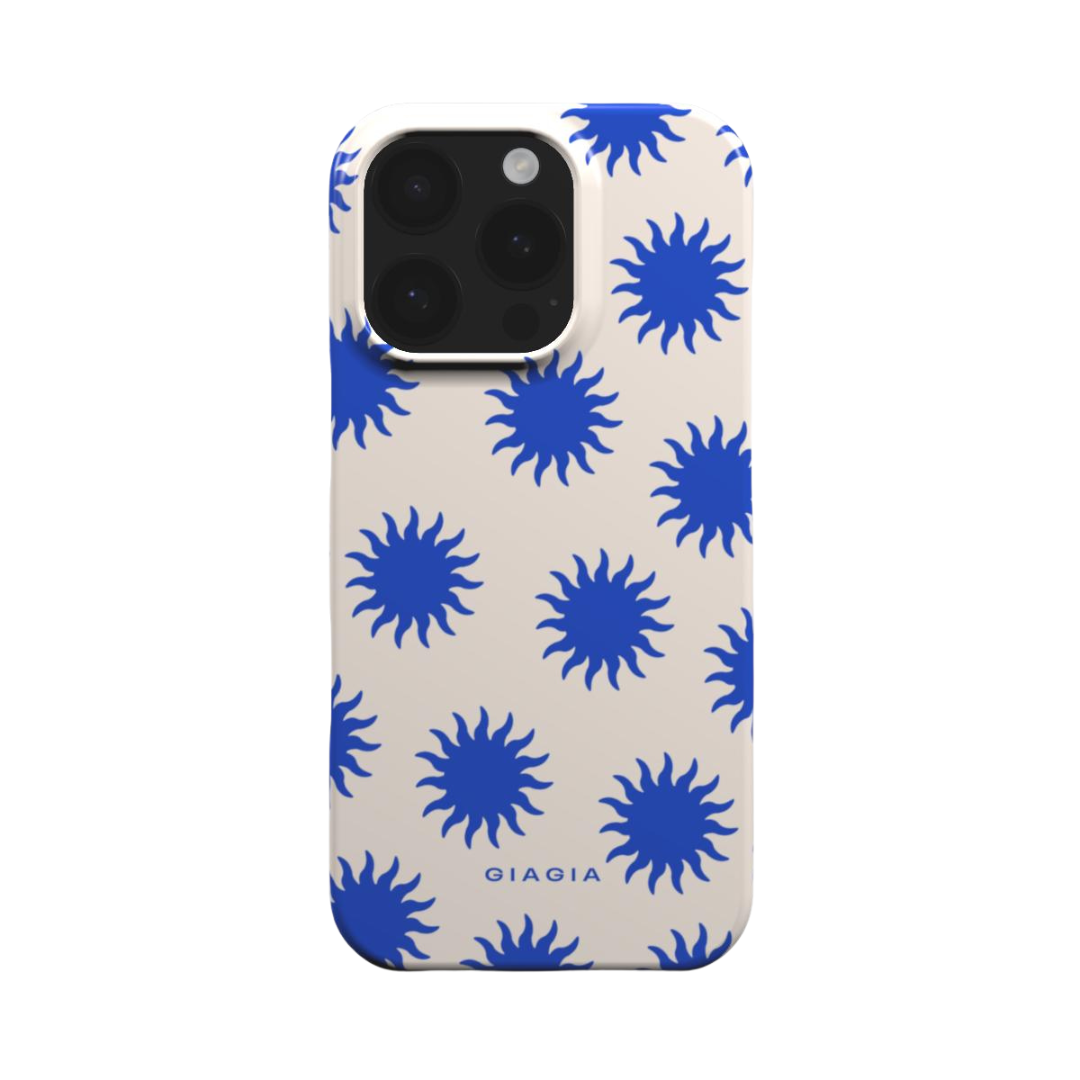 Phone case with blue sunflower pattern on a beige background