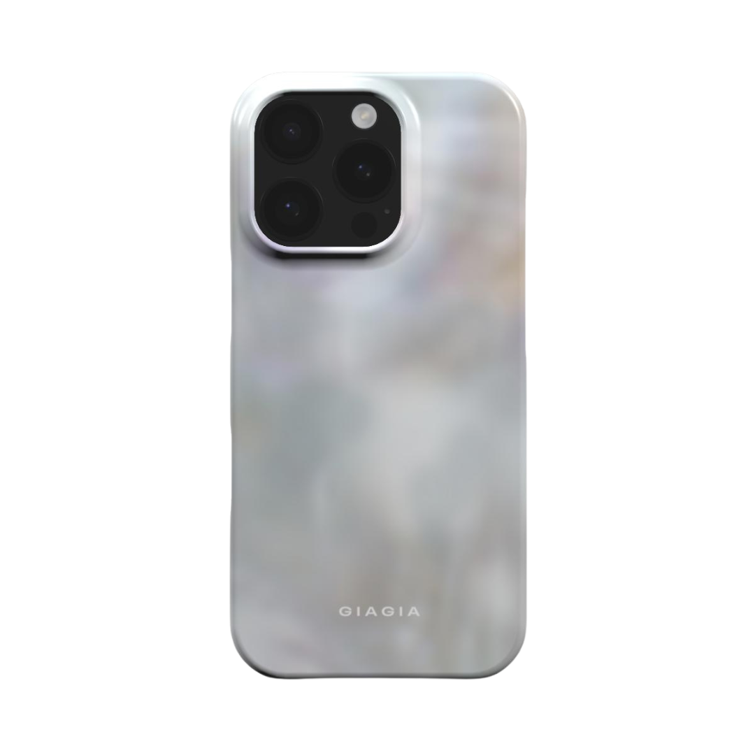 Silver phone case with 'GIAGIA' branding on a white background