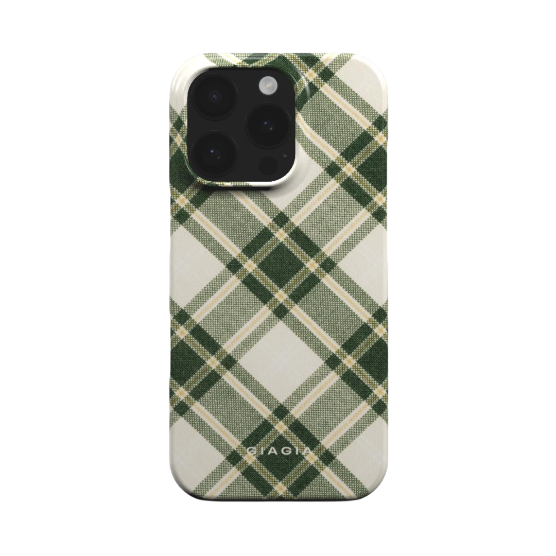 Green and beige plaid phone case on a white background