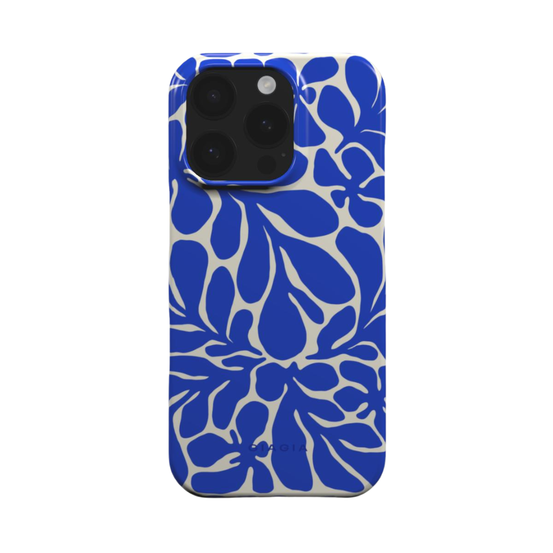 Blue floral patterned phone case on a white background