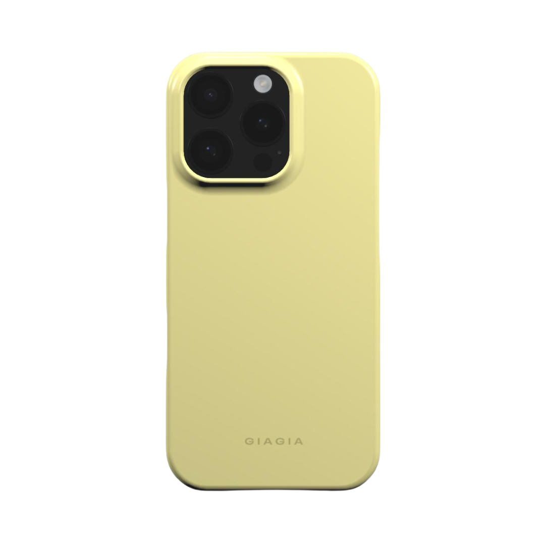 Yellow phone case with 'giagia' branding on a white background