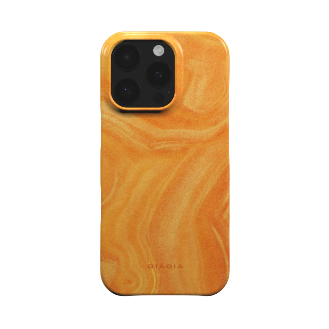 Orange marble-patterned phone case with 'GIAGIA' branding on a white background