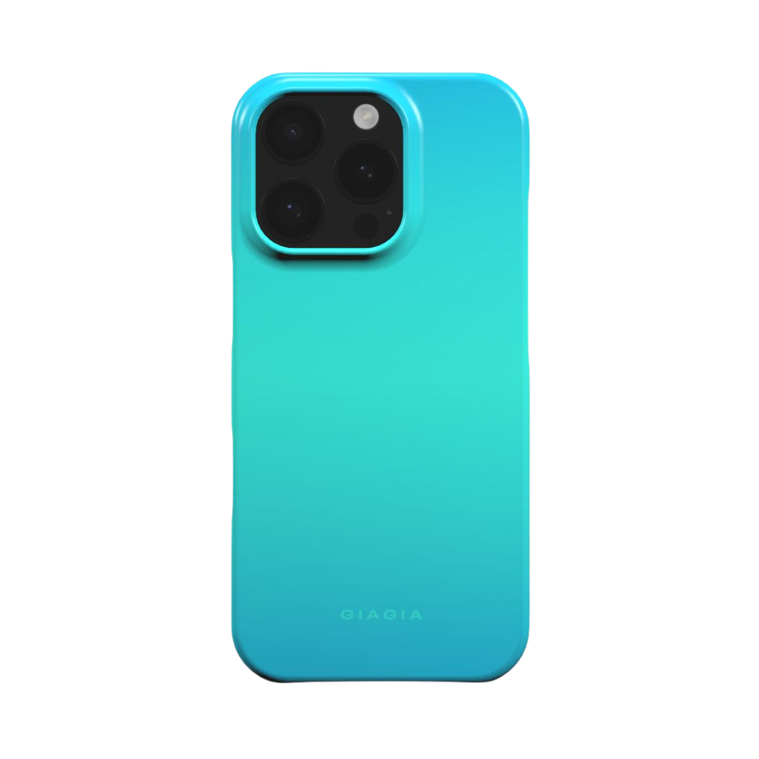 Turquoise phone case with 'GIAGIA' branding on a white background